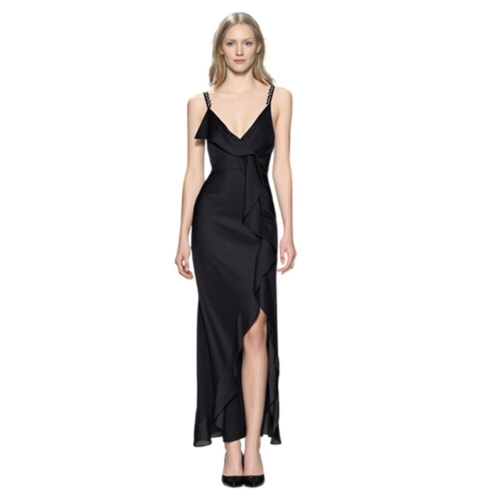 For Love & Lemons Black Ruffle Open Front Satin Slip Dress Size XS